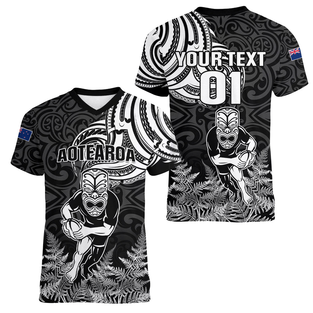 Custom New Zealand Silver Fern Rugby Women V Neck T Shirt Maori Tiki Player With Ta Moko Tribal - Wonder Print Shop