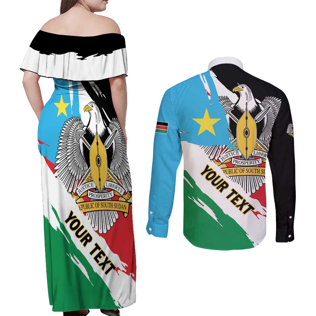Personalized South Sudan Couples Matching Off Shoulder Maxi Dress and Long Sleeve Button Shirt Grunge Flag Style - Wonder Print Shop