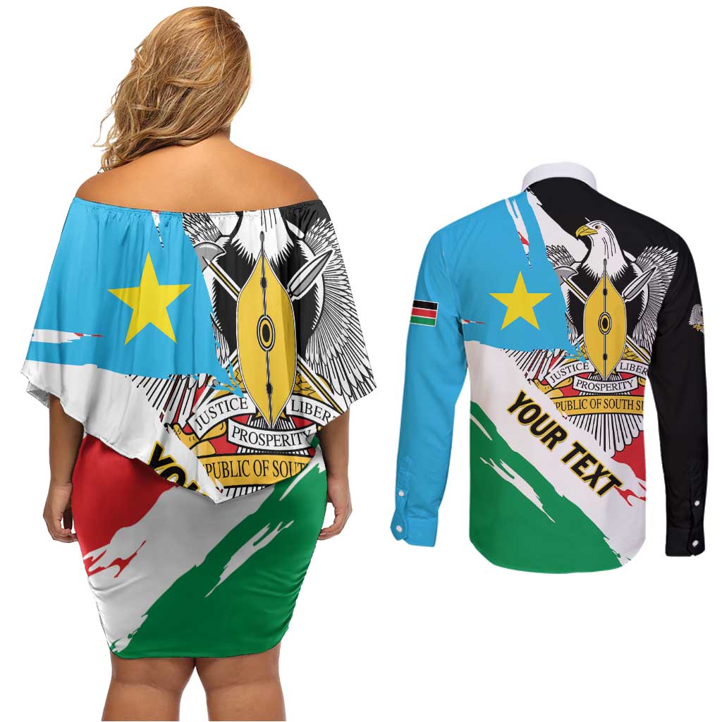 Personalized South Sudan Couples Matching Off Shoulder Short Dress and Long Sleeve Button Shirt Grunge Flag Style - Wonder Print Shop
