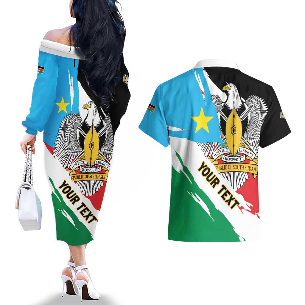 Personalized South Sudan Couples Matching Off The Shoulder Long Sleeve Dress and Hawaiian Shirt Grunge Flag Style - Wonder Print Shop