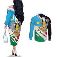 Personalized South Sudan Couples Matching Off The Shoulder Long Sleeve Dress and Long Sleeve Button Shirt Grunge Flag Style