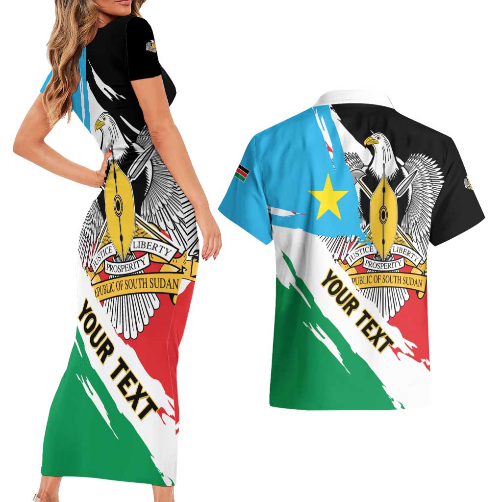 Personalized South Sudan Couples Matching Short Sleeve Bodycon Dress and Hawaiian Shirt Grunge Flag Style - Wonder Print Shop