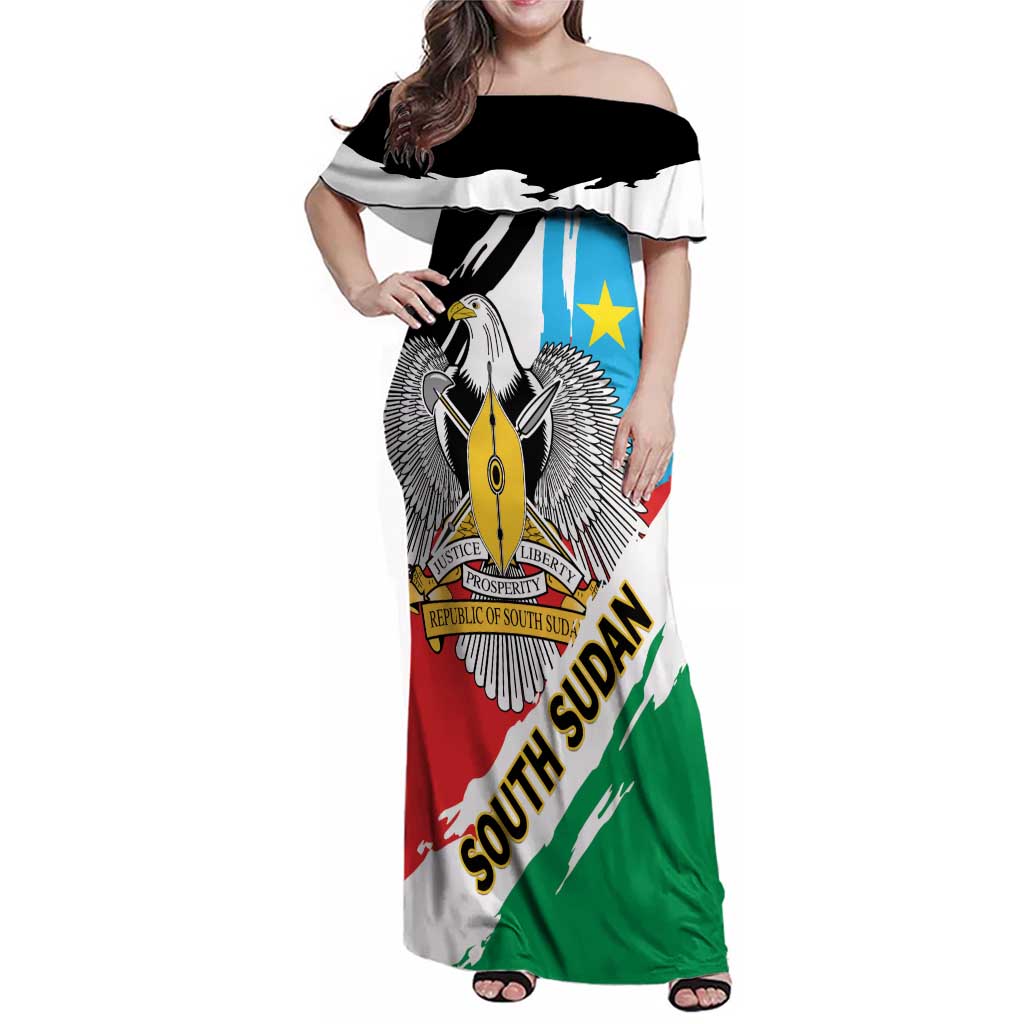 Personalized South Sudan Family Matching Off Shoulder Maxi Dress and Hawaiian Shirt Grunge Flag Style - Wonder Print Shop