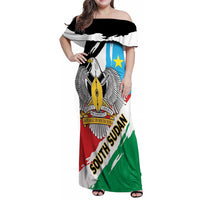 Personalized South Sudan Family Matching Off Shoulder Maxi Dress and Hawaiian Shirt Grunge Flag Style - Wonder Print Shop