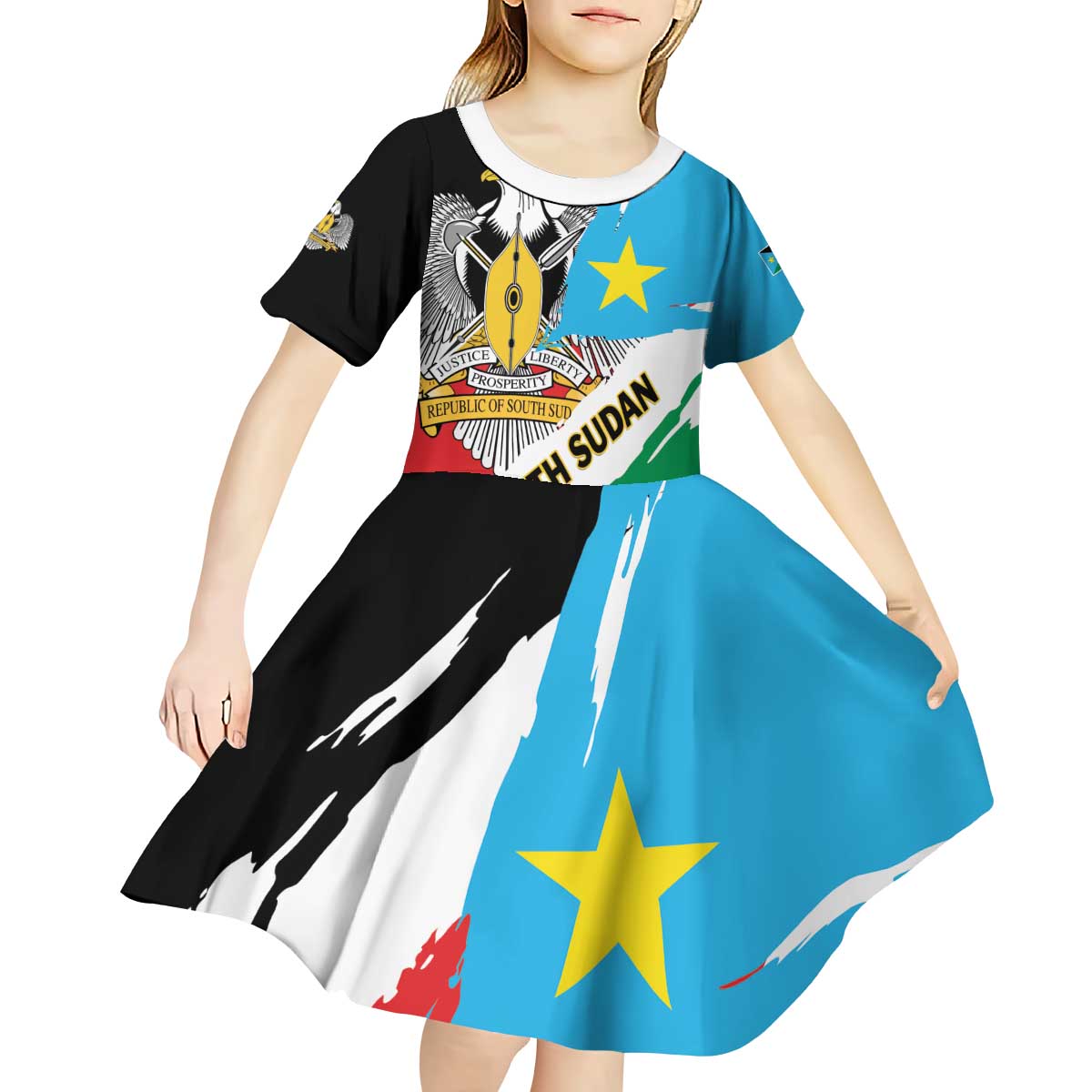Personalized South Sudan Kid Short Sleeve Dress Grunge Flag Style - Wonder Print Shop