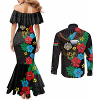 South Sudan Couples Matching Mermaid Dress and Long Sleeve Button Shirt Hibiscus Floral African Pattern
