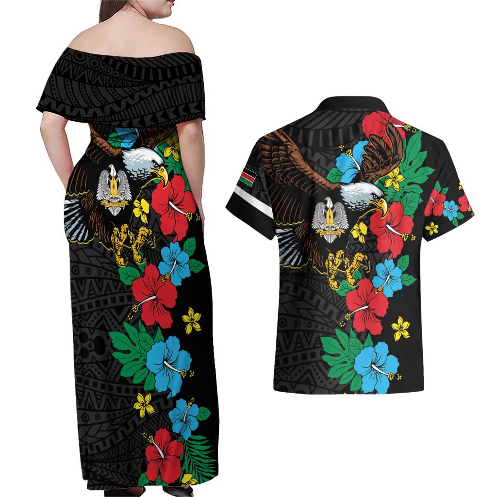 South Sudan Couples Matching Off Shoulder Maxi Dress and Hawaiian Shirt Hibiscus Floral African Pattern - Wonder Print Shop