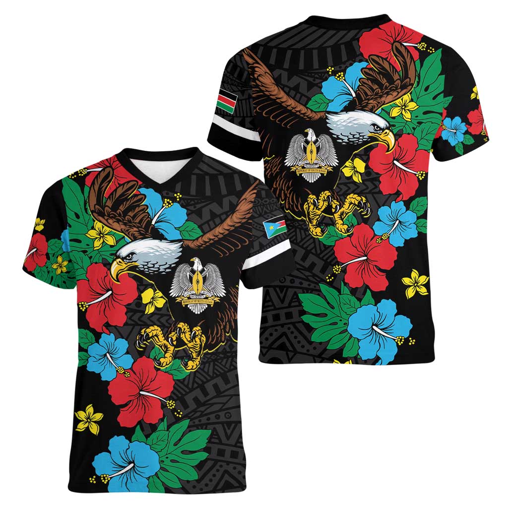 South Sudan Women V-Neck T-Shirt Hibiscus Floral African Pattern - Wonder Print Shop