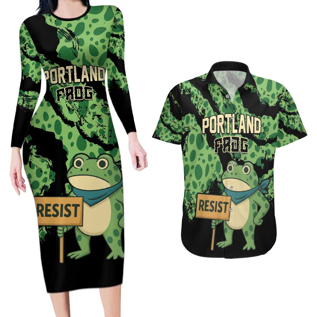 Personalized Portland Frog Resist Couples Matching Long Sleeve Bodycon Dress and Hawaiian Shirt Frogs Against Fascism - Wonder Print Shop