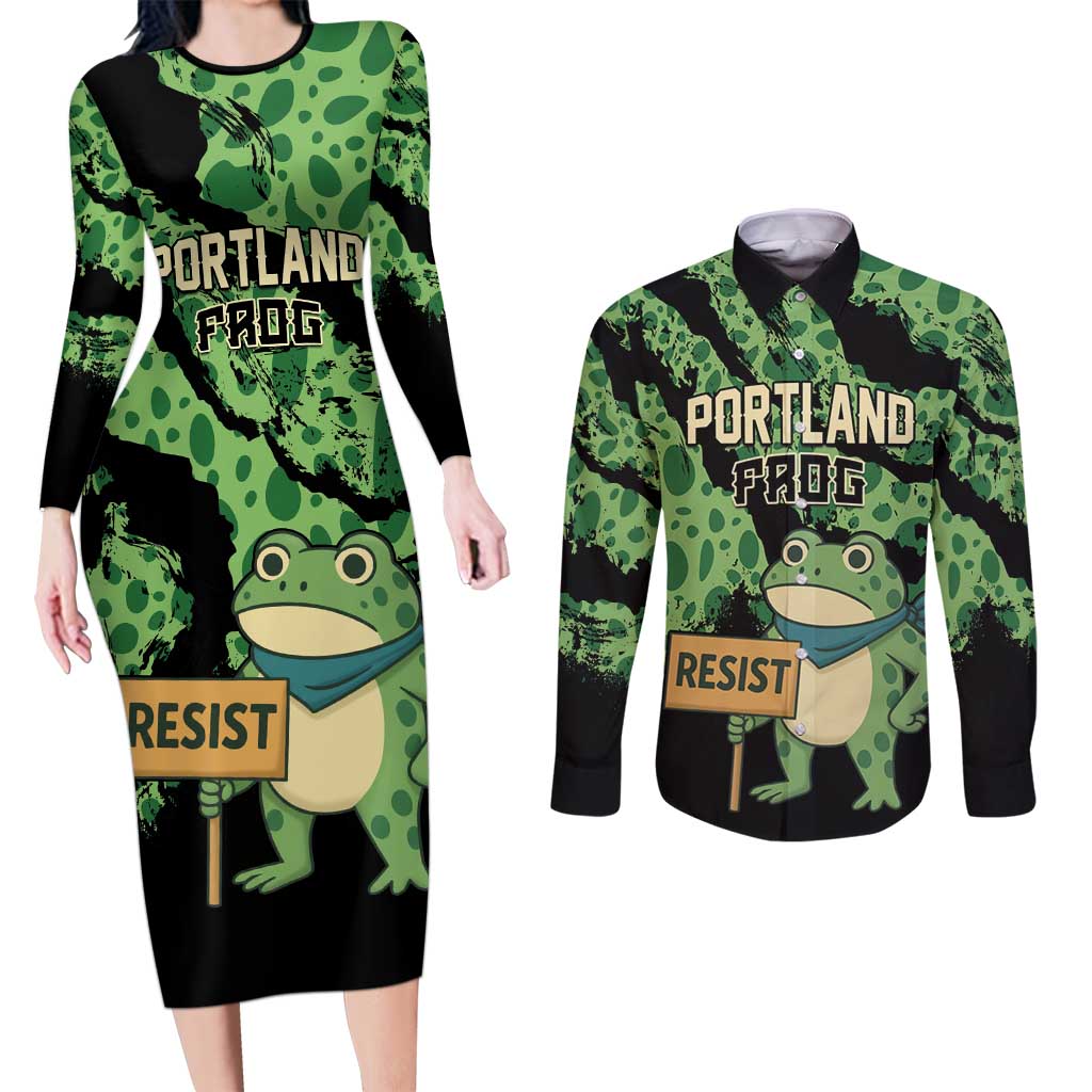 Personalized Portland Frog Resist Couples Matching Long Sleeve Bodycon Dress and Long Sleeve Button Shirt Frogs Against Fascism - Wonder Print Shop