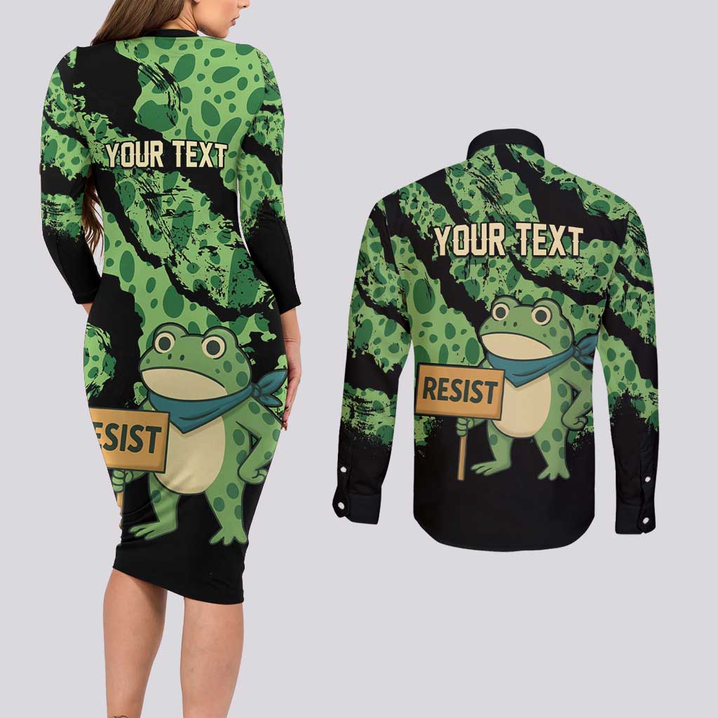 Personalized Portland Frog Resist Couples Matching Long Sleeve Bodycon Dress and Long Sleeve Button Shirt Frogs Against Fascism - Wonder Print Shop