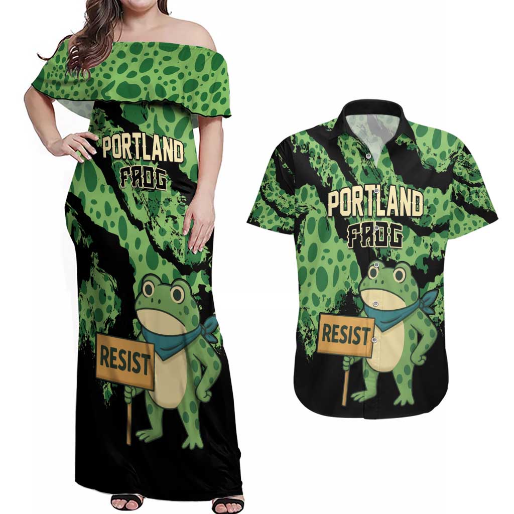 Personalized Portland Frog Resist Couples Matching Off Shoulder Maxi Dress and Hawaiian Shirt Frogs Against Fascism - Wonder Print Shop