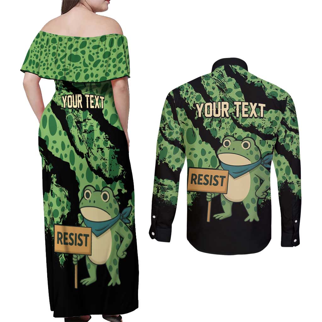 Personalized Portland Frog Resist Couples Matching Off Shoulder Maxi Dress and Long Sleeve Button Shirt Frogs Against Fascism - Wonder Print Shop