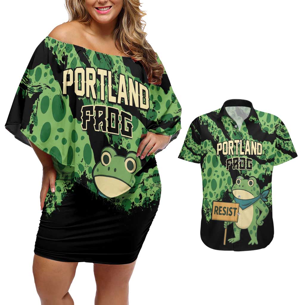 Personalized Portland Frog Resist Couples Matching Off Shoulder Short Dress and Hawaiian Shirt Frogs Against Fascism - Wonder Print Shop