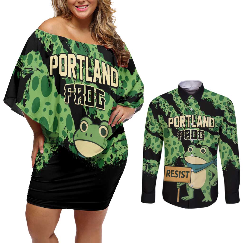 Personalized Portland Frog Resist Couples Matching Off Shoulder Short Dress and Long Sleeve Button Shirt Frogs Against Fascism - Wonder Print Shop