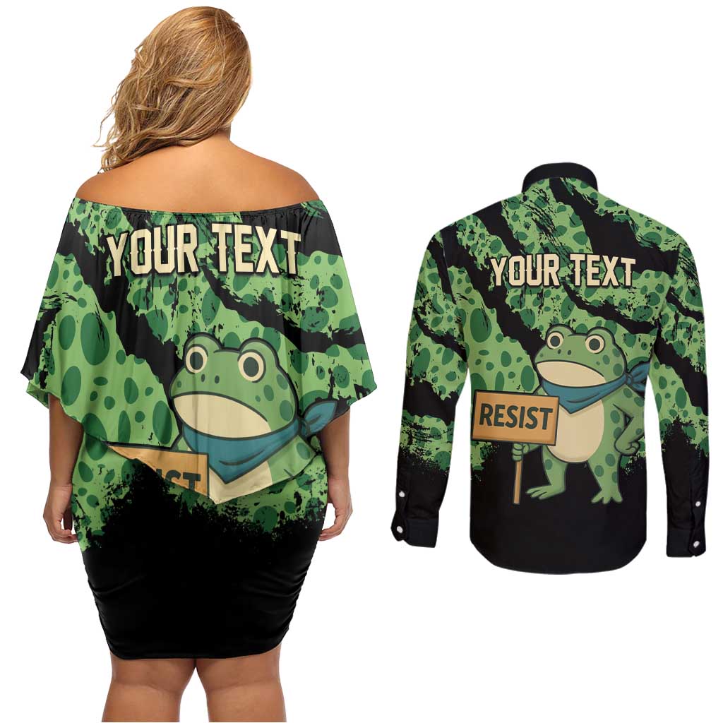 Personalized Portland Frog Resist Couples Matching Off Shoulder Short Dress and Long Sleeve Button Shirt Frogs Against Fascism - Wonder Print Shop