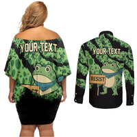 Personalized Portland Frog Resist Couples Matching Off Shoulder Short Dress and Long Sleeve Button Shirt Frogs Against Fascism - Wonder Print Shop