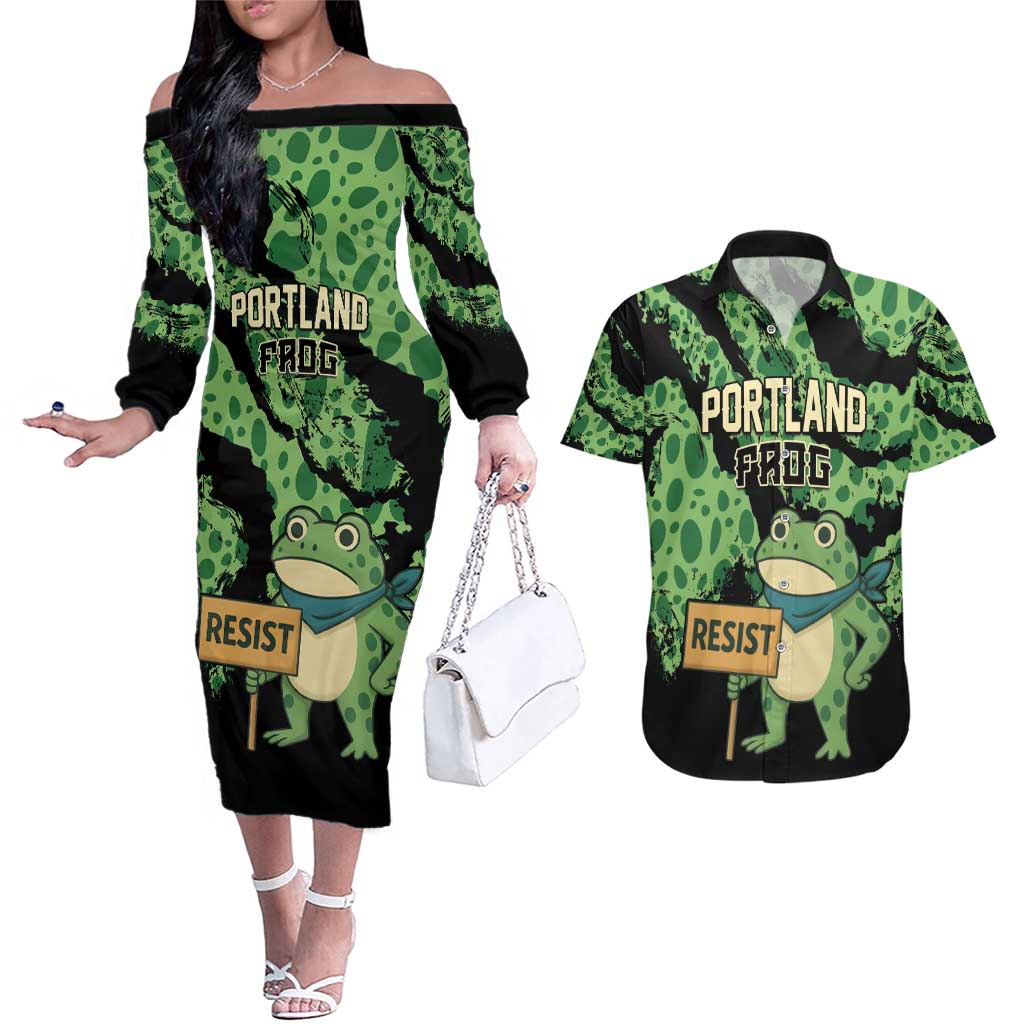 Personalized Portland Frog Resist Couples Matching Off The Shoulder Long Sleeve Dress and Hawaiian Shirt Frogs Against Fascism - Wonder Print Shop