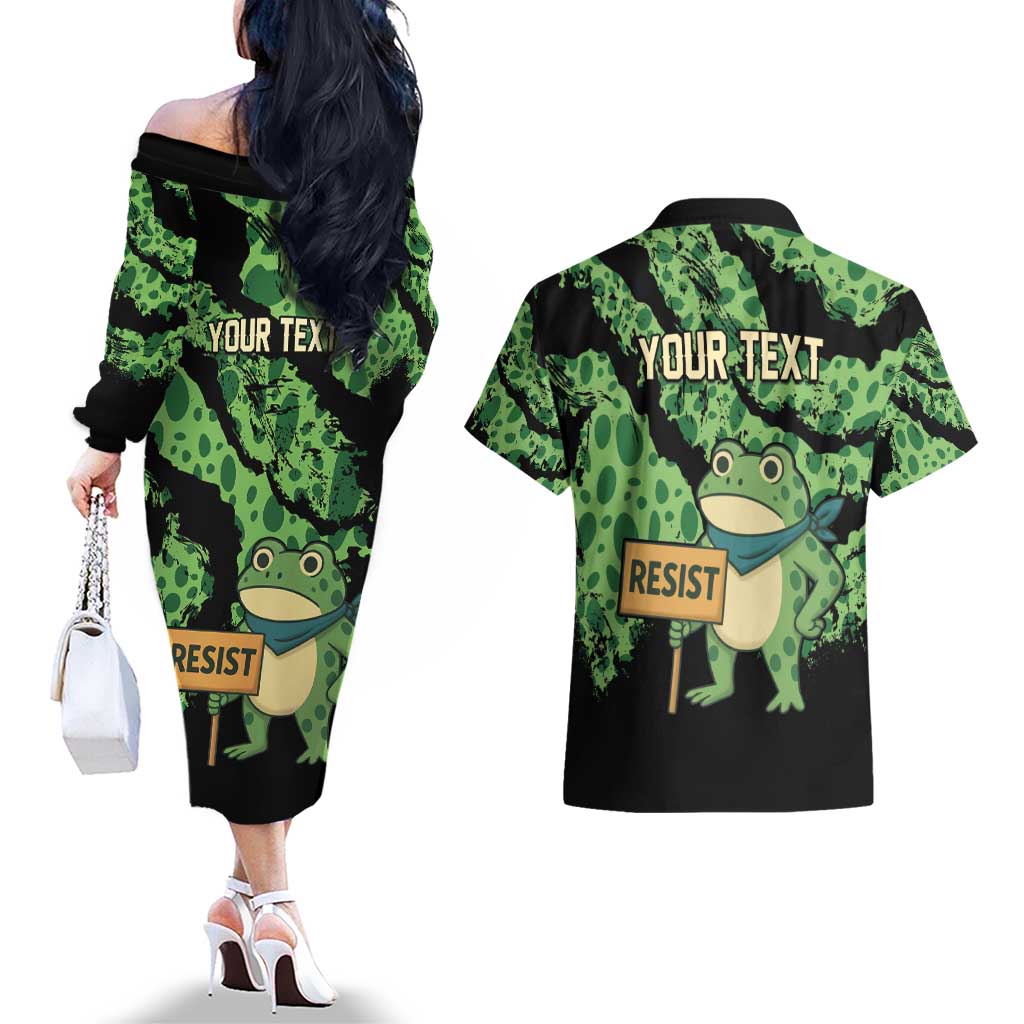 Personalized Portland Frog Resist Couples Matching Off The Shoulder Long Sleeve Dress and Hawaiian Shirt Frogs Against Fascism - Wonder Print Shop