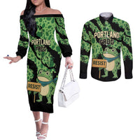 Personalized Portland Frog Resist Couples Matching Off The Shoulder Long Sleeve Dress and Long Sleeve Button Shirt Frogs Against Fascism - Wonder Print Shop