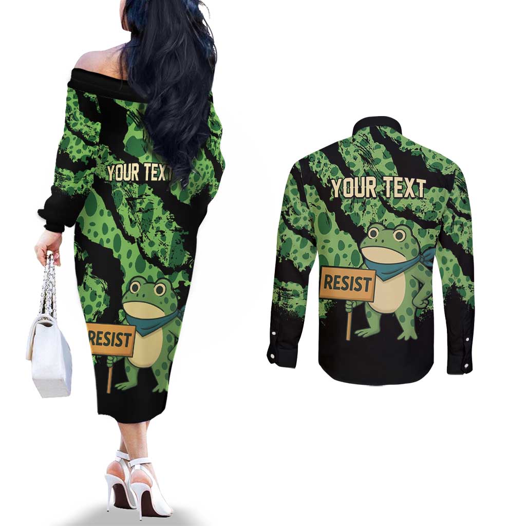 Personalized Portland Frog Resist Couples Matching Off The Shoulder Long Sleeve Dress and Long Sleeve Button Shirt Frogs Against Fascism - Wonder Print Shop