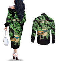 Personalized Portland Frog Resist Couples Matching Off The Shoulder Long Sleeve Dress and Long Sleeve Button Shirt Frogs Against Fascism - Wonder Print Shop