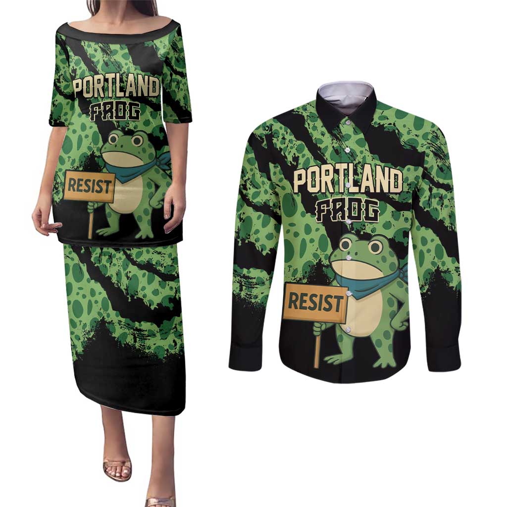 Personalized Portland Frog Resist Couples Matching Puletasi and Long Sleeve Button Shirt Frogs Against Fascism - Wonder Print Shop