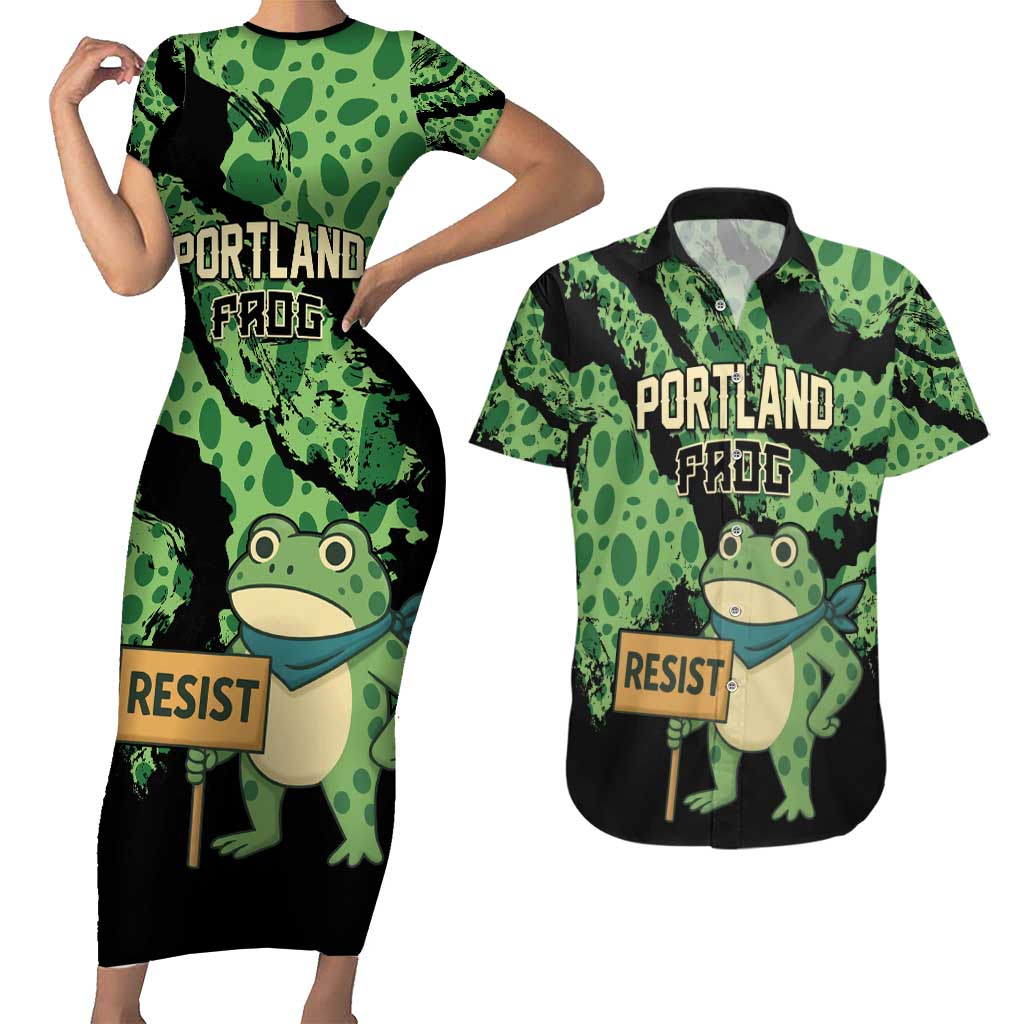 Personalized Portland Frog Resist Couples Matching Short Sleeve Bodycon Dress and Hawaiian Shirt Frogs Against Fascism - Wonder Print Shop