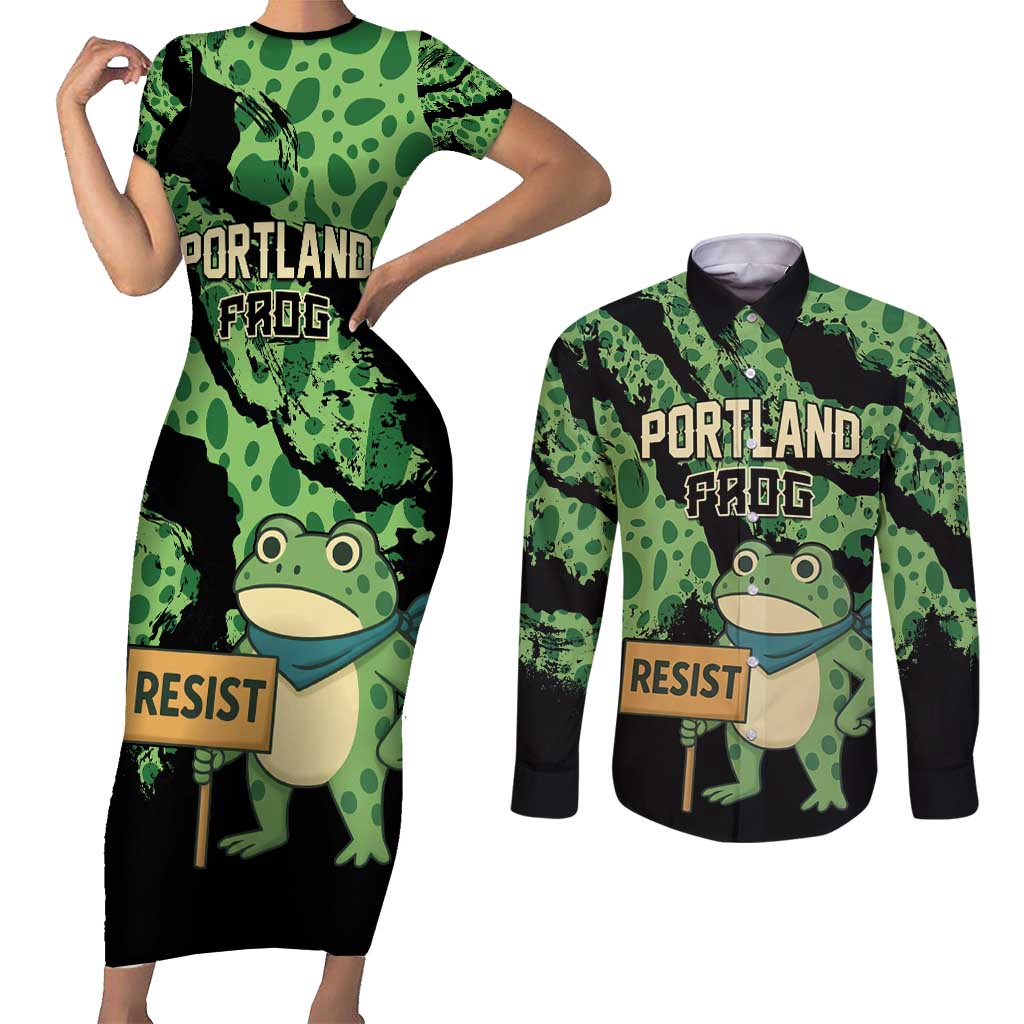 Personalized Portland Frog Resist Couples Matching Short Sleeve Bodycon Dress and Long Sleeve Button Shirt Frogs Against Fascism - Wonder Print Shop