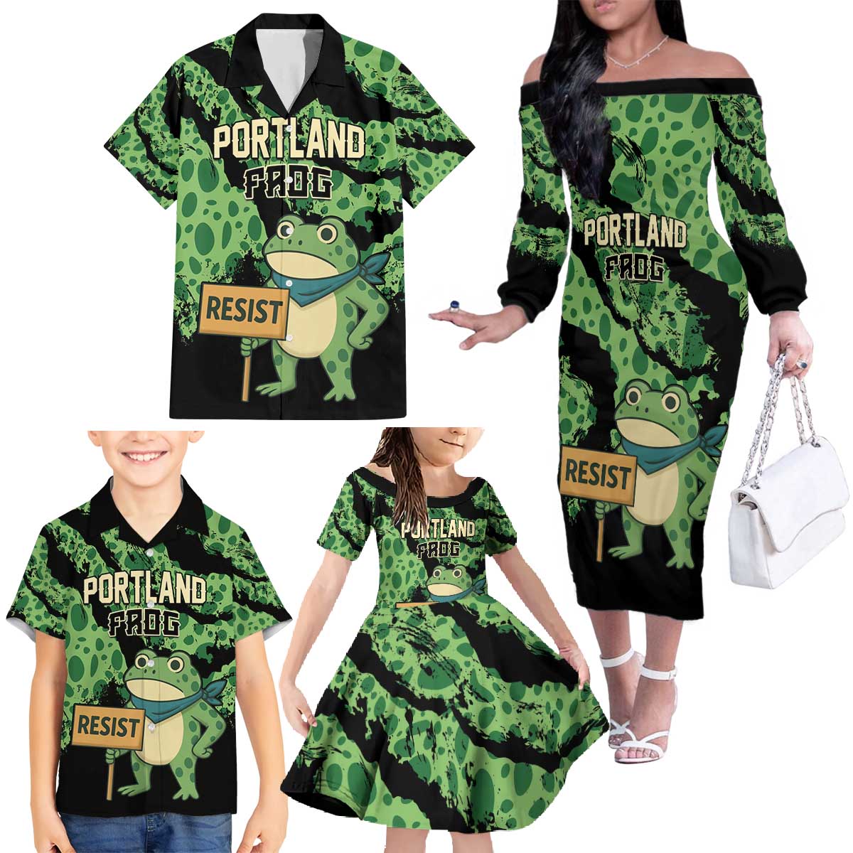 Personalized Portland Frog Resist Family Matching Off The Shoulder Long Sleeve Dress and Hawaiian Shirt Frogs Against Fascism - Wonder Print Shop