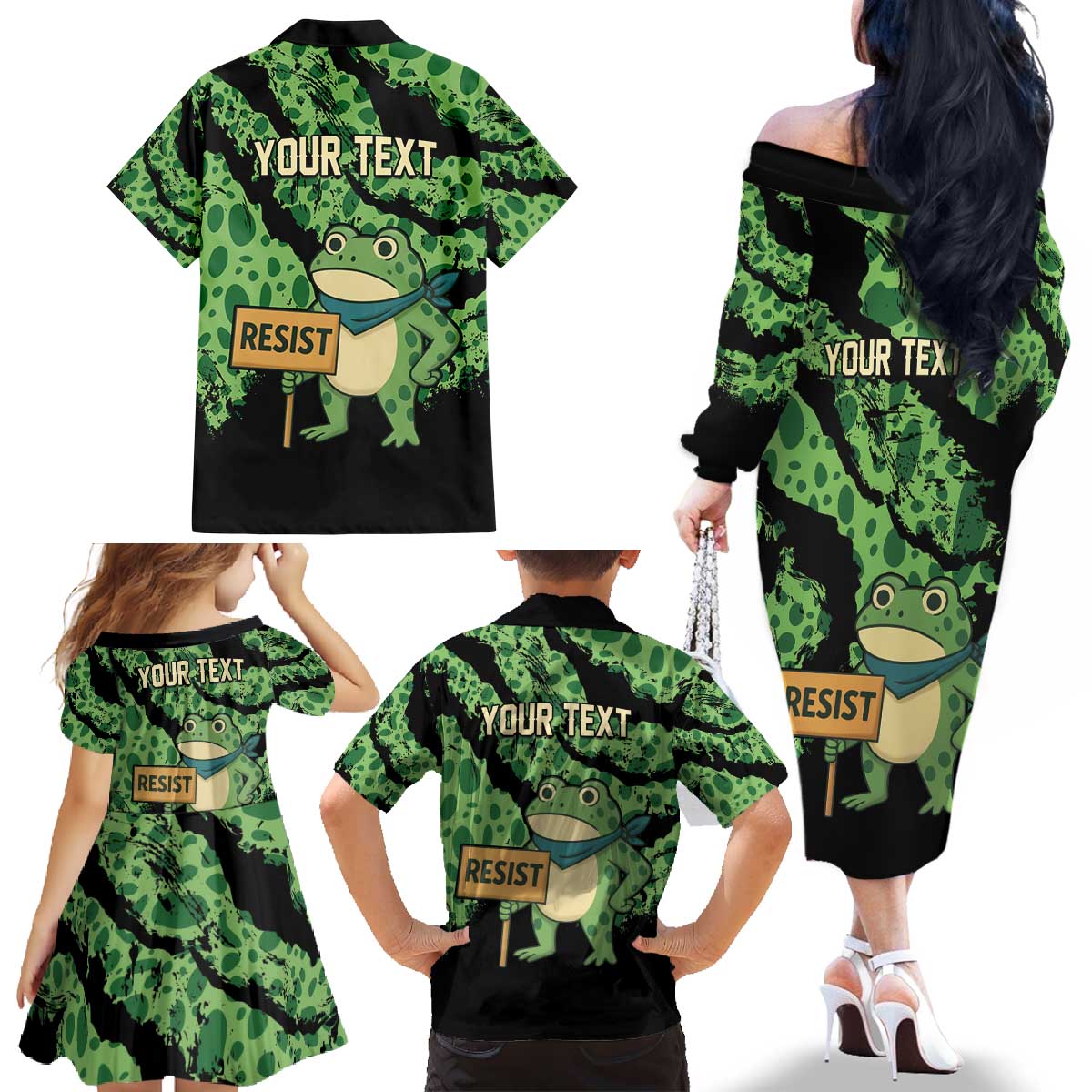 Personalized Portland Frog Resist Family Matching Off The Shoulder Long Sleeve Dress and Hawaiian Shirt Frogs Against Fascism - Wonder Print Shop