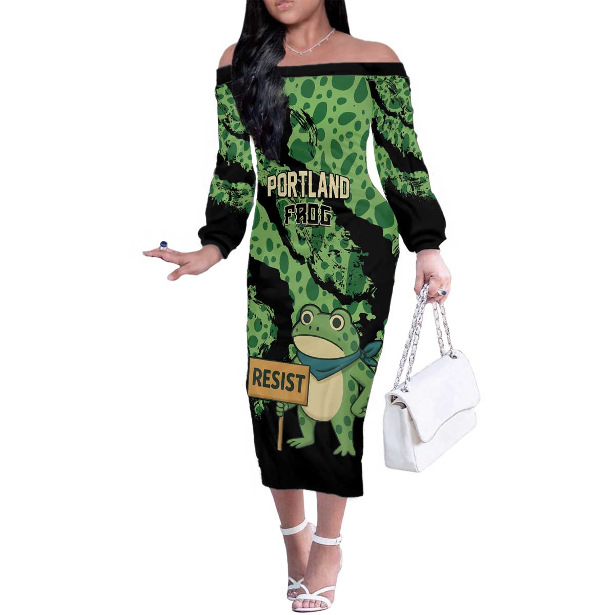 Personalized Portland Frog Resist Family Matching Off The Shoulder Long Sleeve Dress and Hawaiian Shirt Frogs Against Fascism - Wonder Print Shop