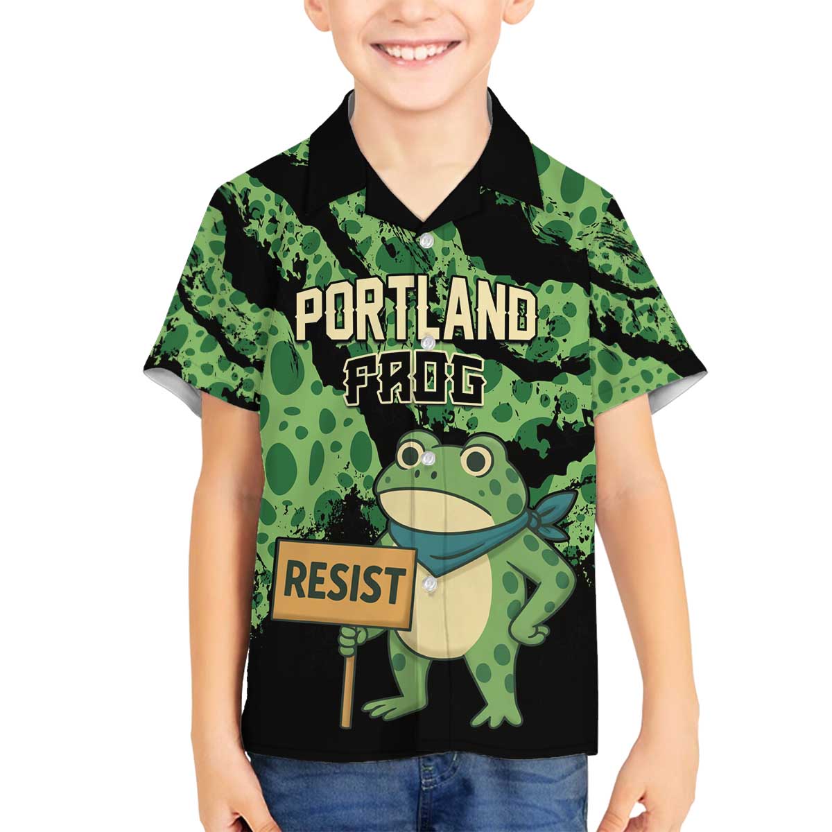 Personalized Portland Frog Resist Family Matching Off The Shoulder Long Sleeve Dress and Hawaiian Shirt Frogs Against Fascism - Wonder Print Shop