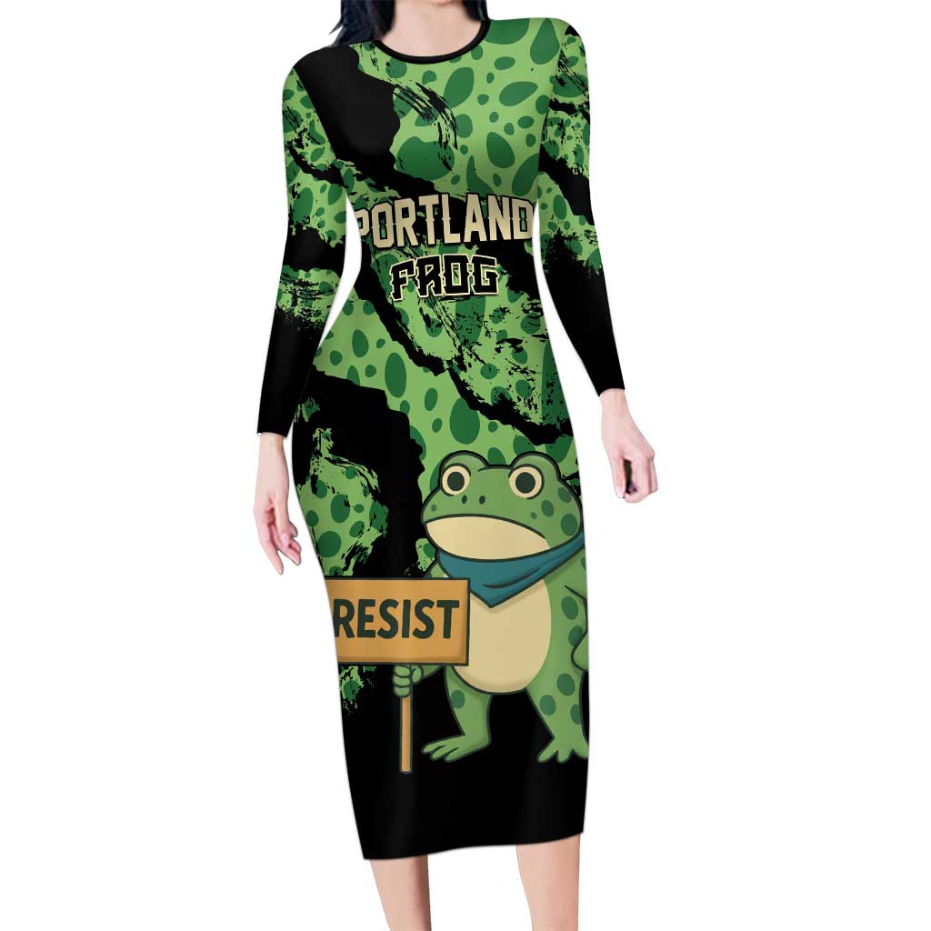 Personalized Portland Frog Resist Long Sleeve Bodycon Dress Frogs Against Fascism - Wonder Print Shop
