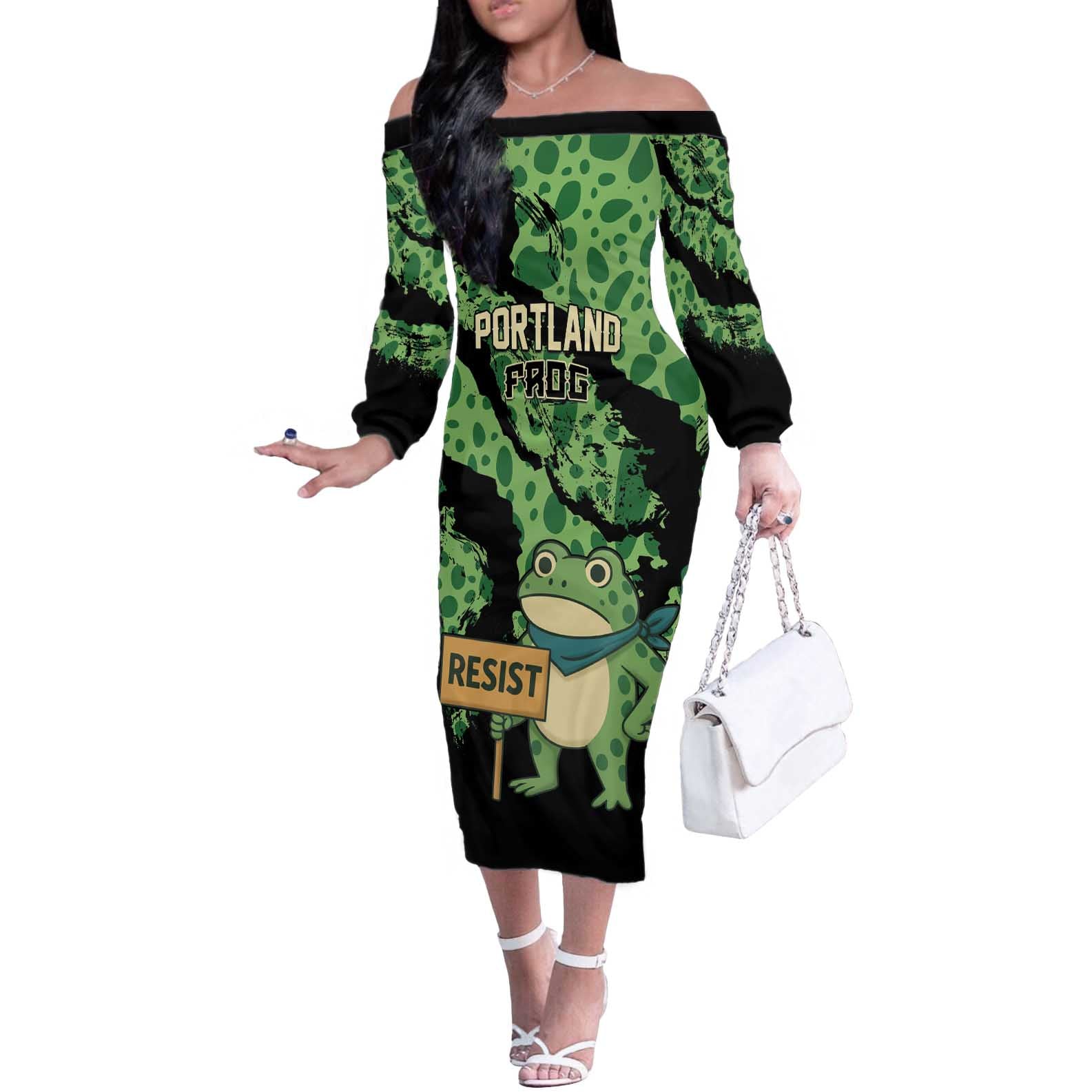 Personalized Portland Frog Resist Off The Shoulder Long Sleeve Dress Frogs Against Fascism - Wonder Print Shop
