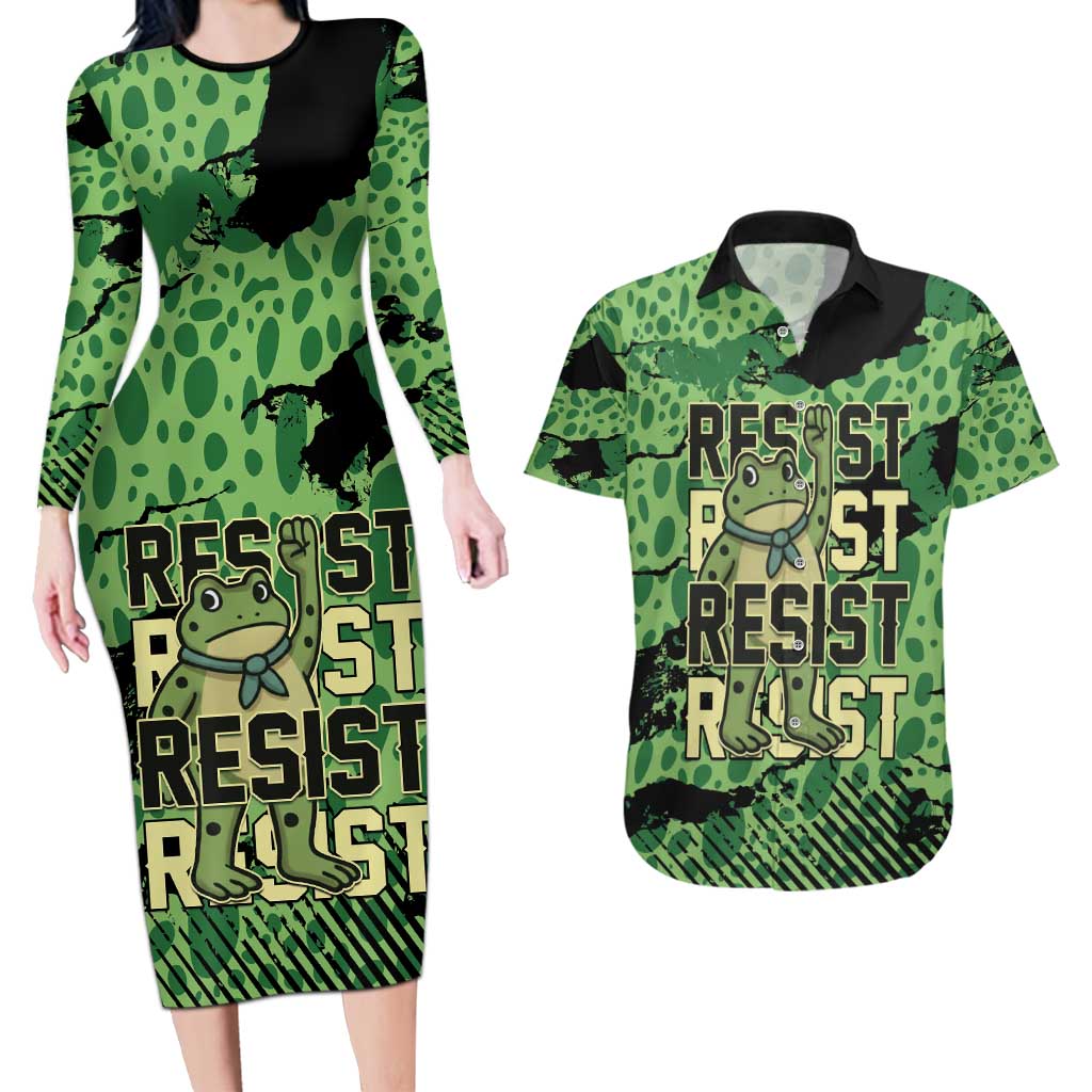 Personalized Portland Frog Protest Couples Matching Long Sleeve Bodycon Dress and Hawaiian Shirt Only You Can Prevent Fascism - Wonder Print Shop