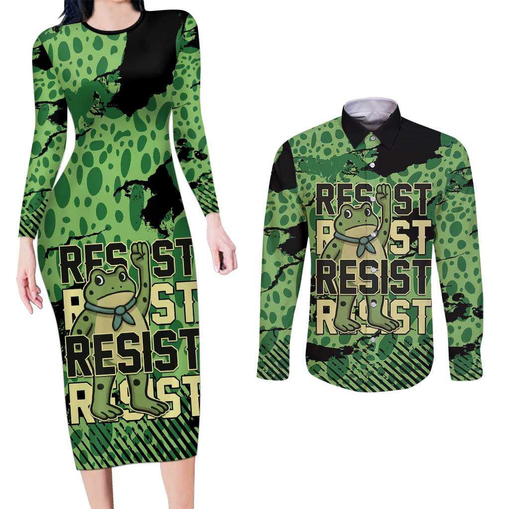 Personalized Portland Frog Protest Couples Matching Long Sleeve Bodycon Dress and Long Sleeve Button Shirt Only You Can Prevent Fascism - Wonder Print Shop