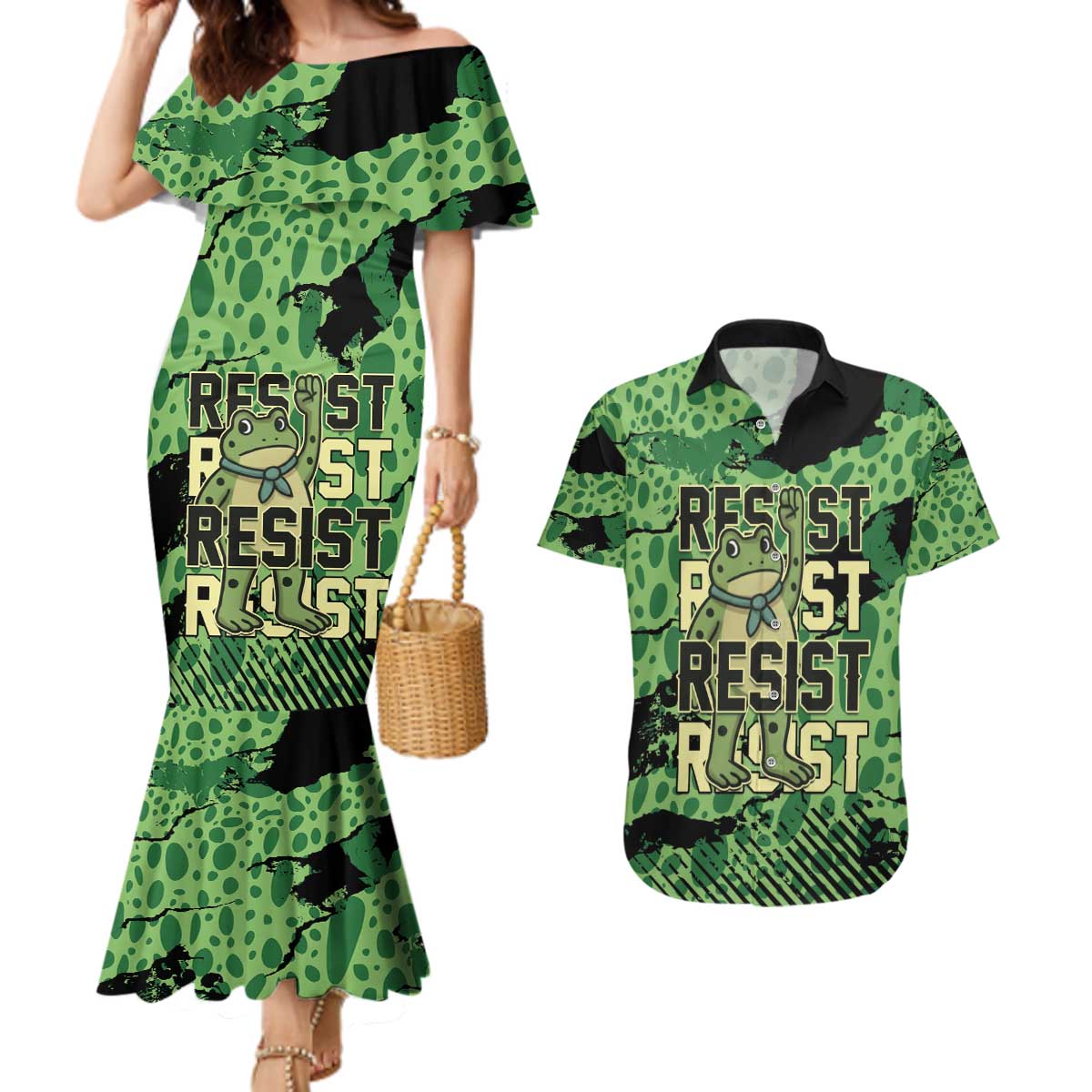 Personalized Portland Frog Protest Couples Matching Mermaid Dress and Hawaiian Shirt Only You Can Prevent Fascism - Wonder Print Shop