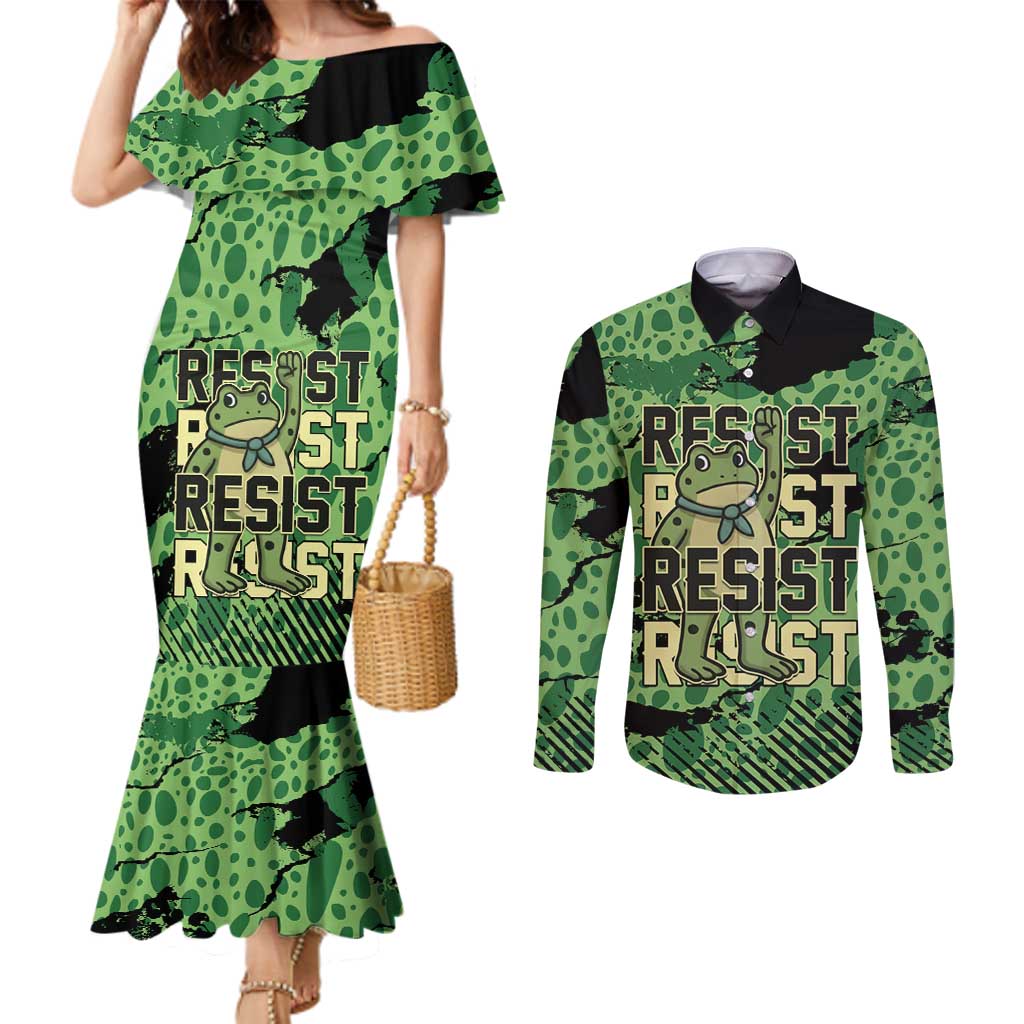 Personalized Portland Frog Protest Couples Matching Mermaid Dress and Long Sleeve Button Shirt Only You Can Prevent Fascism - Wonder Print Shop