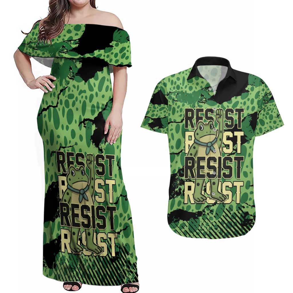 Personalized Portland Frog Protest Couples Matching Off Shoulder Maxi Dress and Hawaiian Shirt Only You Can Prevent Fascism - Wonder Print Shop