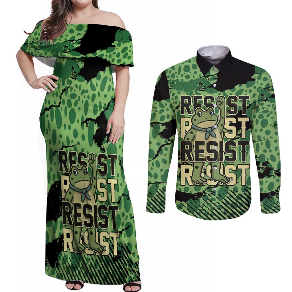Personalized Portland Frog Protest Couples Matching Off Shoulder Maxi Dress and Long Sleeve Button Shirt Only You Can Prevent Fascism - Wonder Print Shop