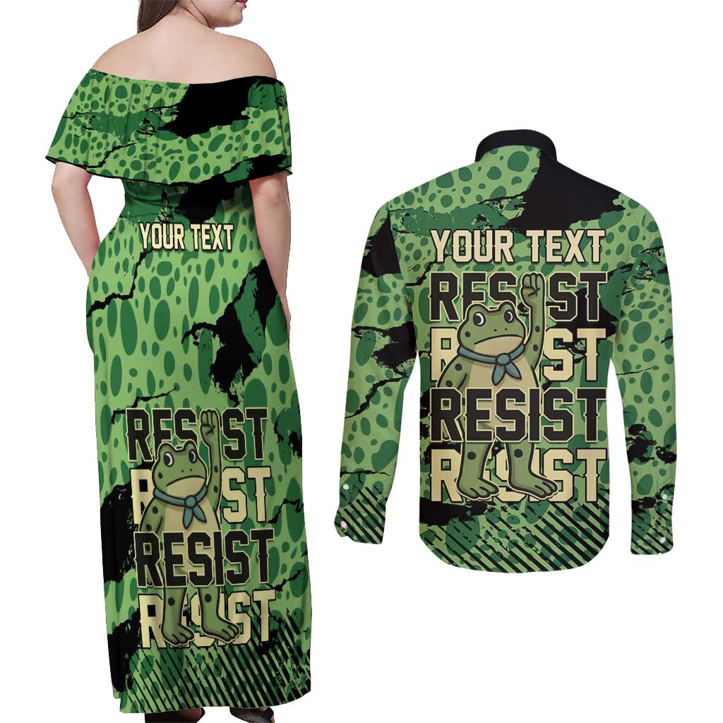 Personalized Portland Frog Protest Couples Matching Off Shoulder Maxi Dress and Long Sleeve Button Shirt Only You Can Prevent Fascism - Wonder Print Shop