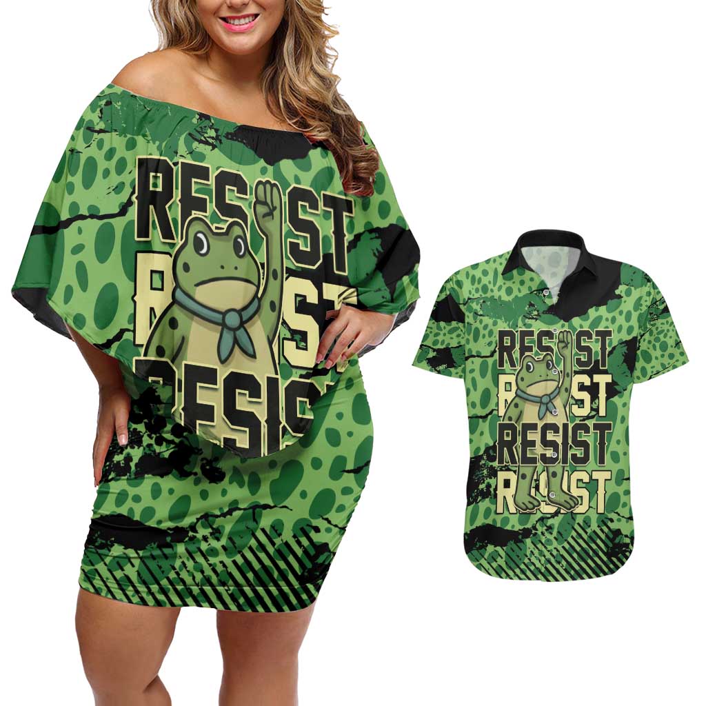 Personalized Portland Frog Protest Couples Matching Off Shoulder Short Dress and Hawaiian Shirt Only You Can Prevent Fascism - Wonder Print Shop