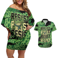 Personalized Portland Frog Protest Couples Matching Off Shoulder Short Dress and Hawaiian Shirt Only You Can Prevent Fascism - Wonder Print Shop