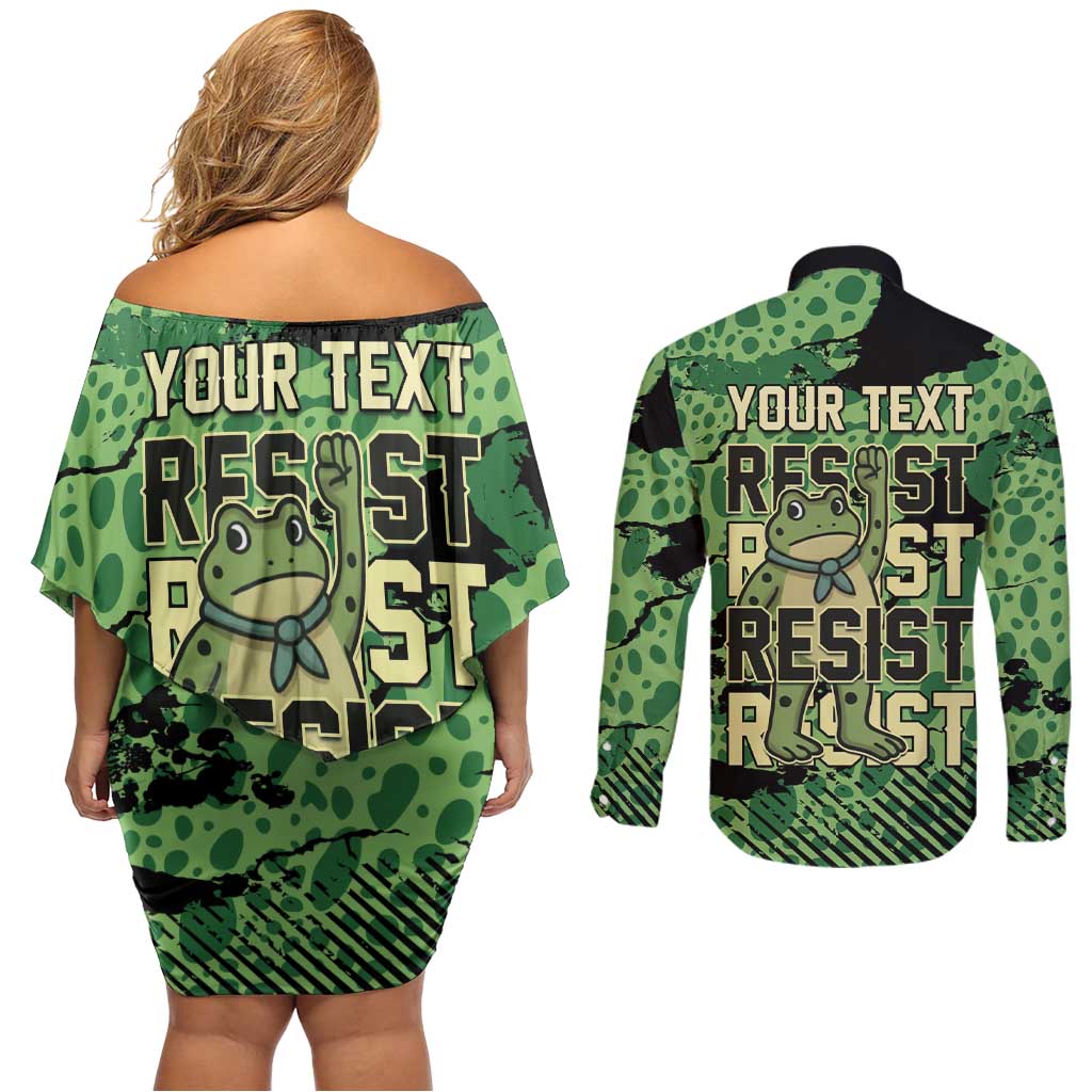 Personalized Portland Frog Protest Couples Matching Off Shoulder Short Dress and Long Sleeve Button Shirt Only You Can Prevent Fascism - Wonder Print Shop