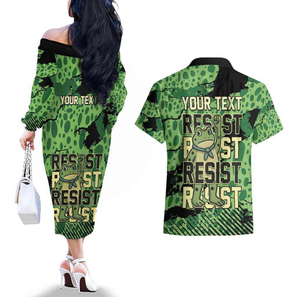 Personalized Portland Frog Protest Couples Matching Off The Shoulder Long Sleeve Dress and Hawaiian Shirt Only You Can Prevent Fascism - Wonder Print Shop