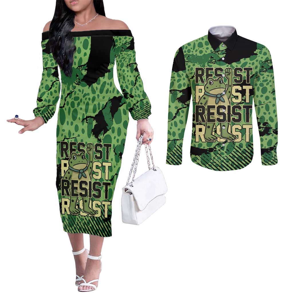 Personalized Portland Frog Protest Couples Matching Off The Shoulder Long Sleeve Dress and Long Sleeve Button Shirt Only You Can Prevent Fascism - Wonder Print Shop