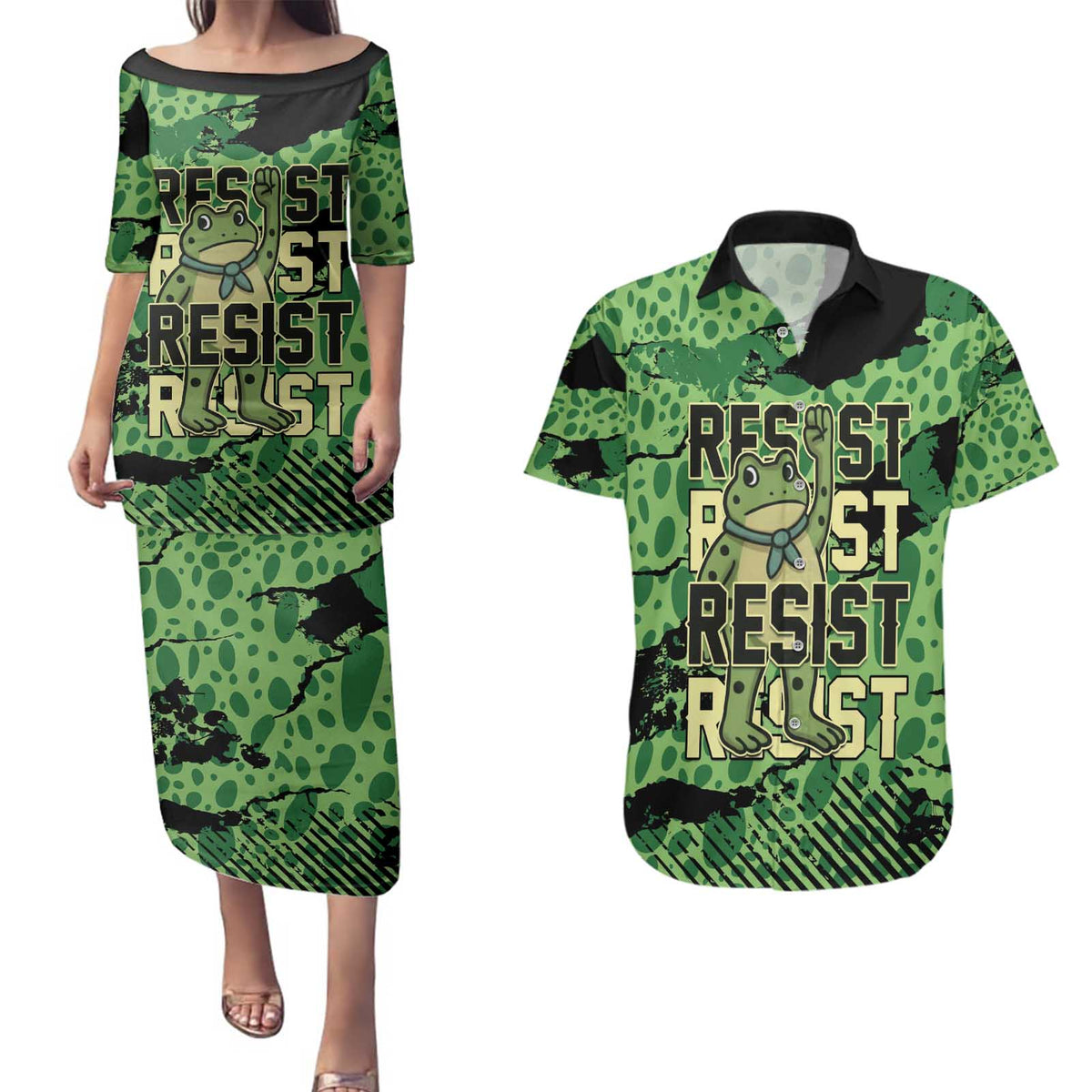 Personalized Portland Frog Protest Couples Matching Puletasi and Hawaiian Shirt Only You Can Prevent Fascism - Wonder Print Shop
