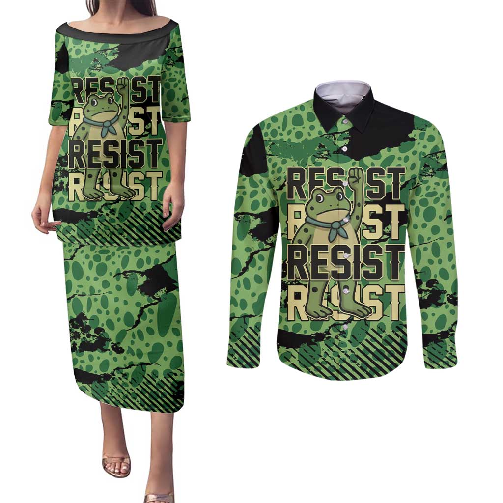 Personalized Portland Frog Protest Couples Matching Puletasi and Long Sleeve Button Shirt Only You Can Prevent Fascism - Wonder Print Shop