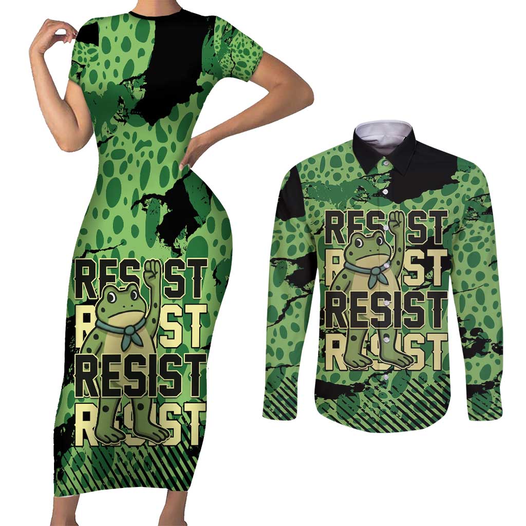 Personalized Portland Frog Protest Couples Matching Short Sleeve Bodycon Dress and Long Sleeve Button Shirt Only You Can Prevent Fascism - Wonder Print Shop